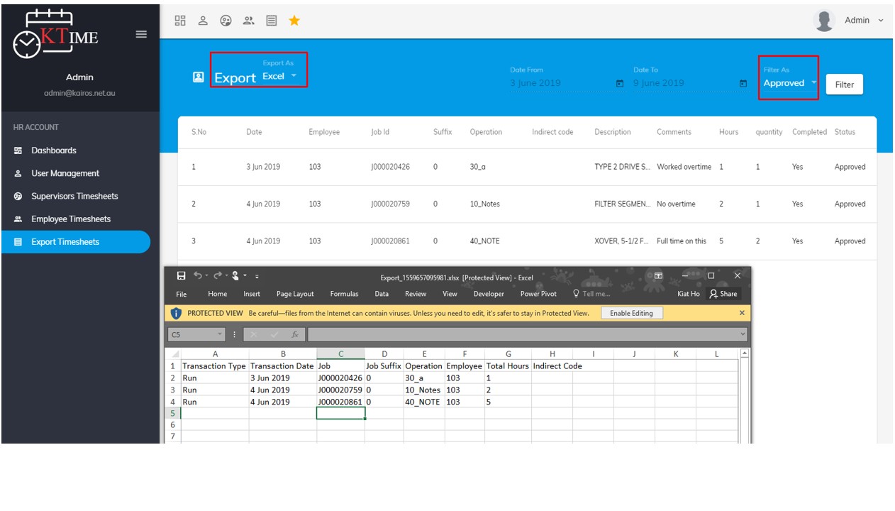 KTime CSV export