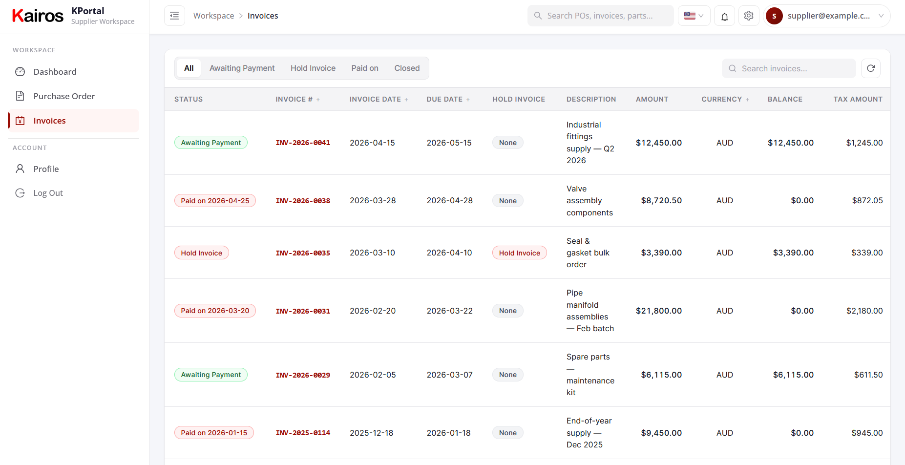 Kairos Supplier Portal invoice detail view