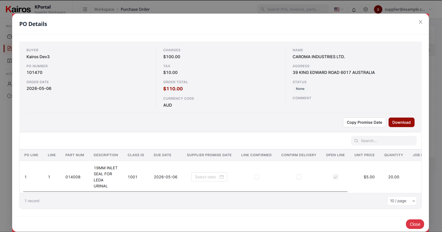 Kairos Supplier Portal PO detail view