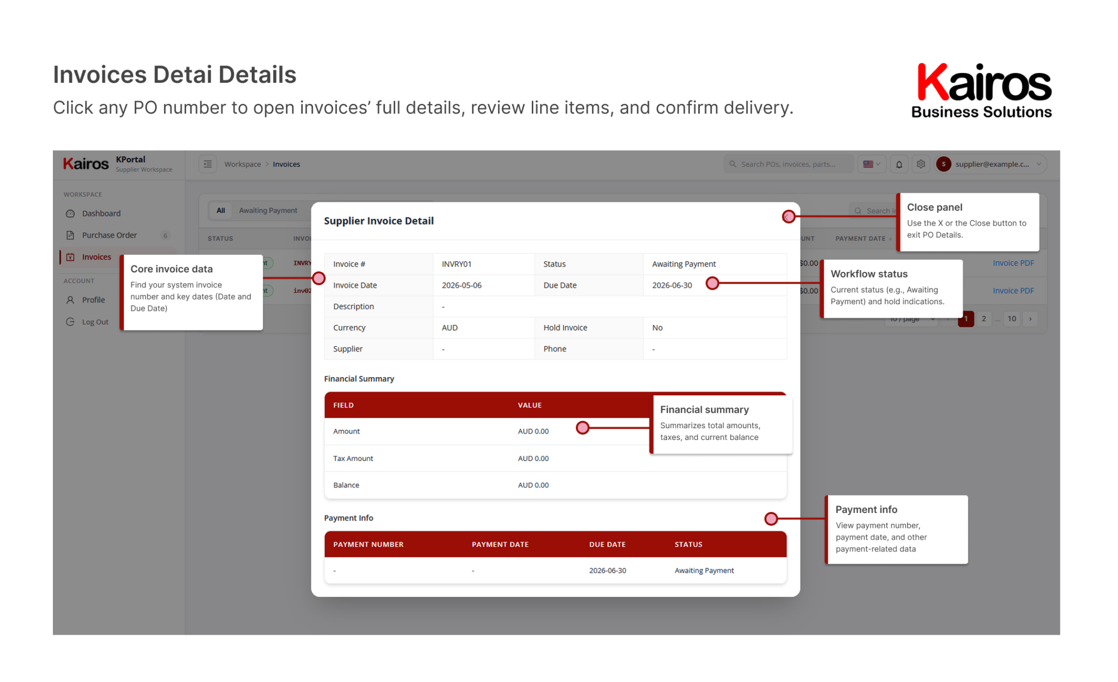 Kairos Supplier Portal invoice detail panel