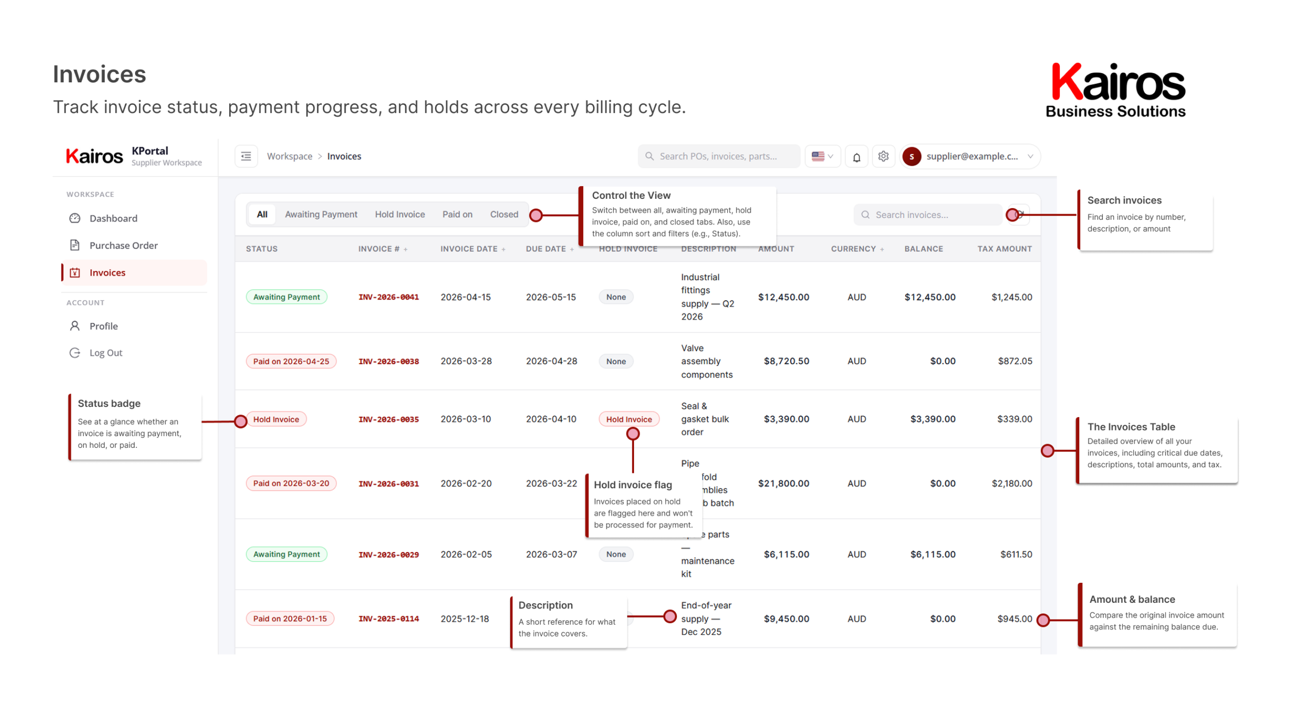 Kairos Supplier Portal invoices list