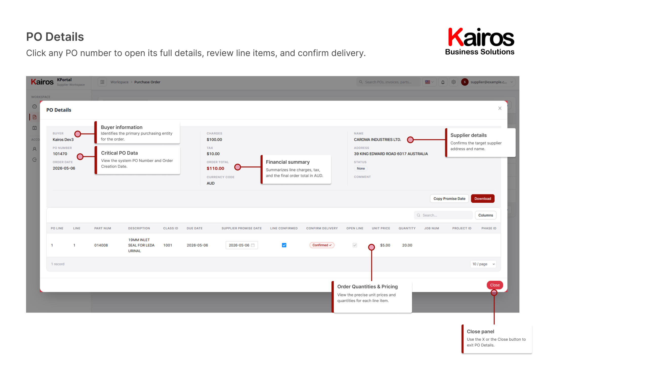 Kairos Supplier Portal purchase order detail panel