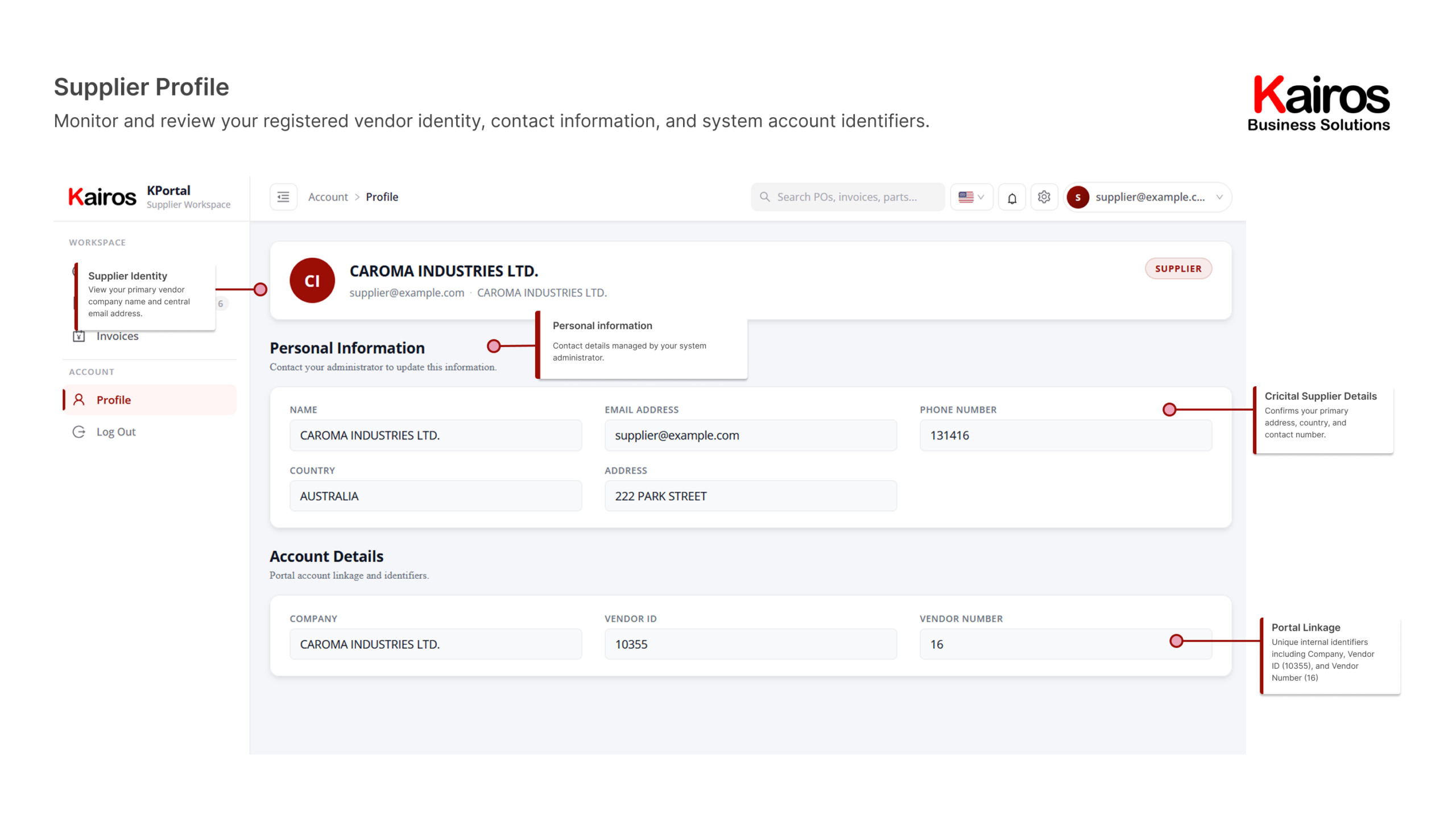 Kairos Supplier Portal supplier profile screen