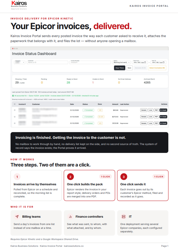 Preview of both pages of the Kairos Invoice Portal brochure