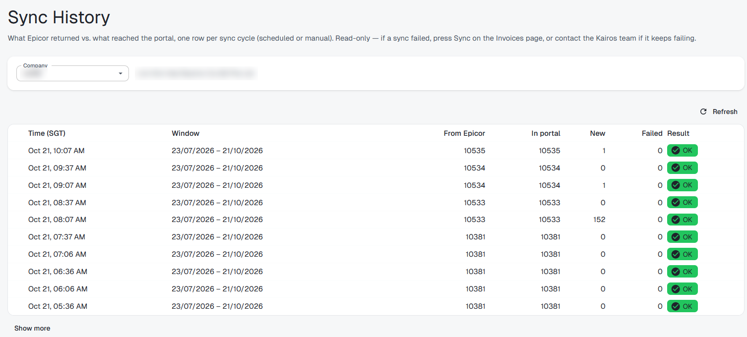 Sync history showing, for each run, how many invoices Epicor returned and how many are in the portal